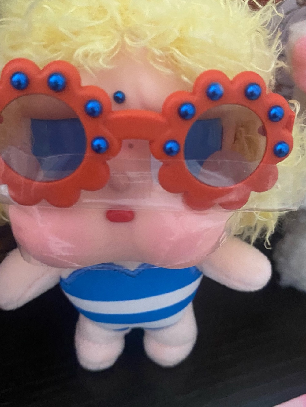 Comes with box/cardPlush Beach Buddy Doll with Orange Sunglasses and Blue Outfit